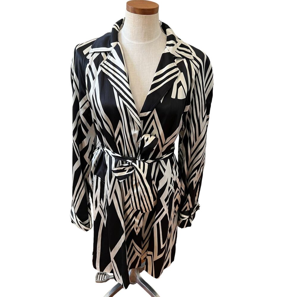 Jones New York Silk Blend Belted Trench Coat Black White Abstract Print L